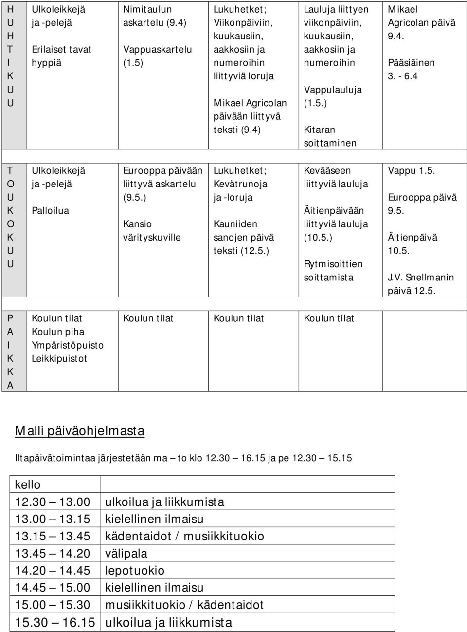 4 T lkoleikkejä Palloilua Eurooppa päivään liittyvä askartelu (9.5.) ansio värityskuville evätrunoja ja -loruja auniiden sanojen päivä teksti (12.5.) evääseen Äitienpäivään (10.5.) Rytmisoittien Vappu 1.