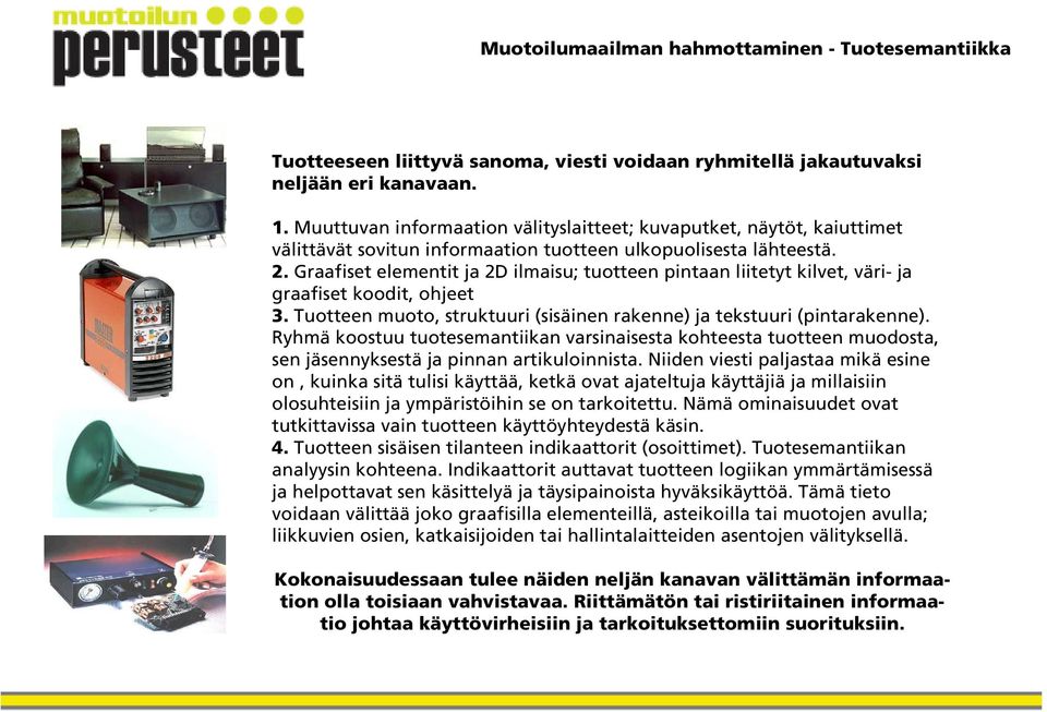 Graafiset elementit ja 2D ilmaisu; tuotteen pintaan liitetyt kilvet, väri- ja graafiset koodit, ohjeet 3. Tuotteen muoto, struktuuri (sisäinen rakenne) ja tekstuuri (pintarakenne).