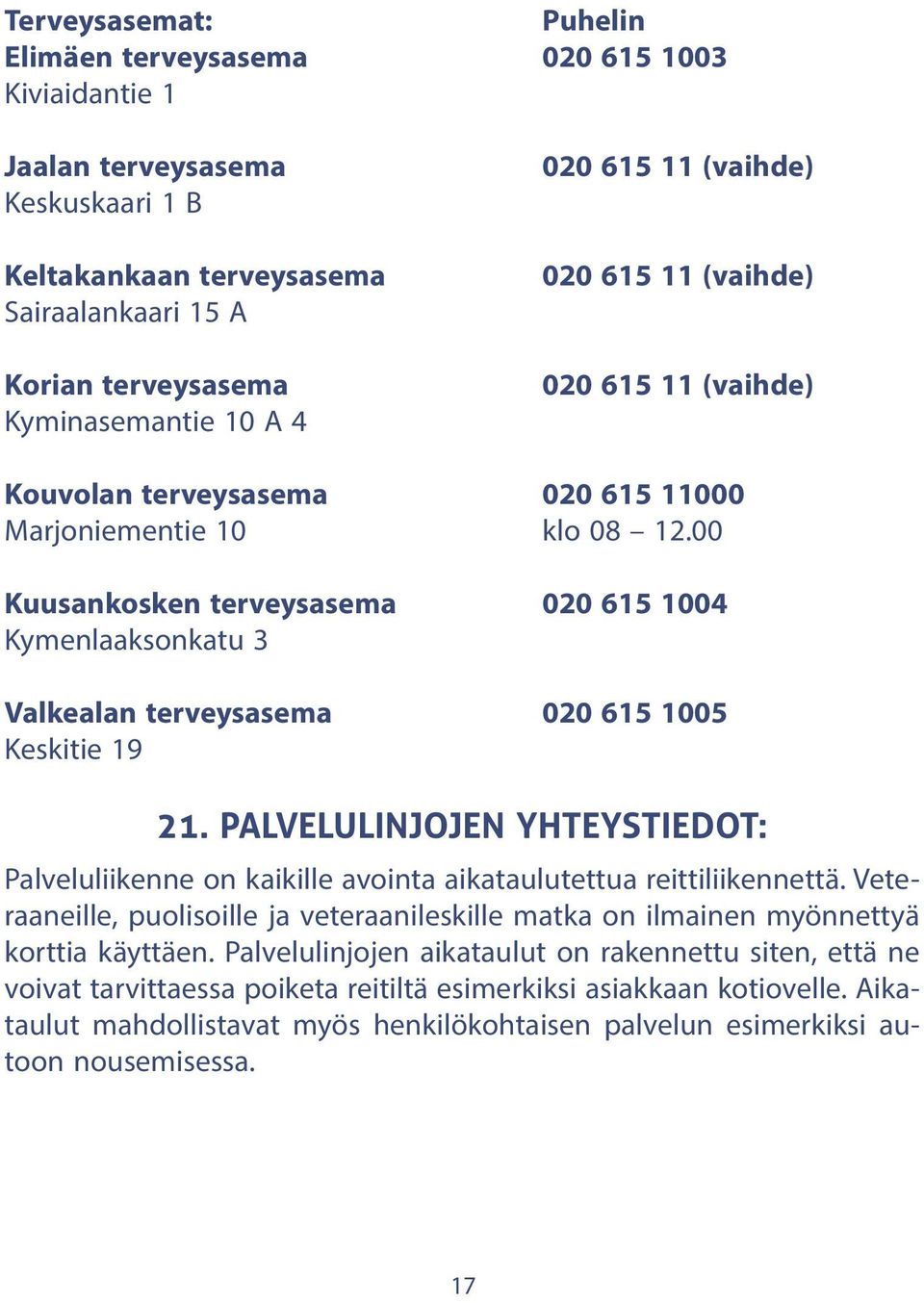 00 Kuusankosken terveysasema 020 615 1004 Kymenlaaksonkatu 3 Valkealan terveysasema 020 615 1005 Keskitie 19 21.