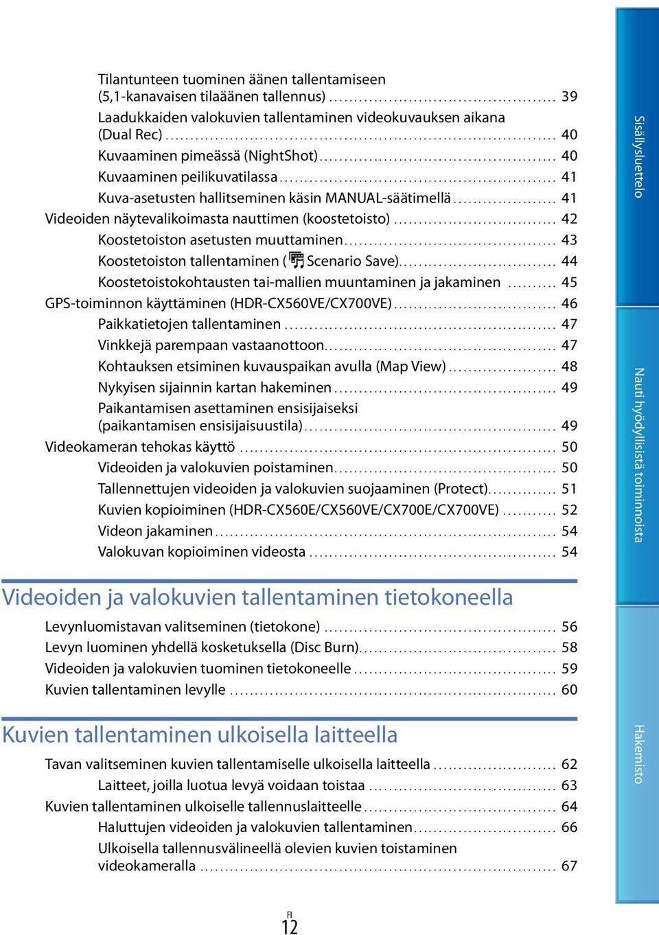 ........................................................ 41 Kuva-asetusten hallitseminen käsin MANUAL-säätimellä...................... 41 Videoiden näytevalikoimasta nauttimen (koostetoisto).