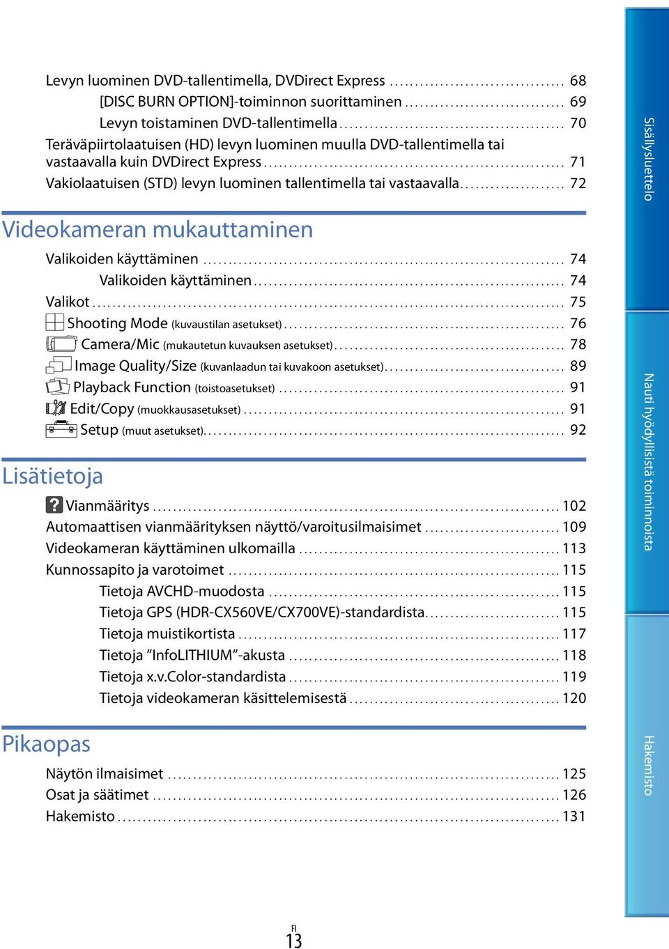 ............................................................ 71 Vakiolaatuisen (STD) levyn luominen tallentimella tai vastaavalla..................... 72 Videokameran mukauttaminen Valikoiden käyttäminen.