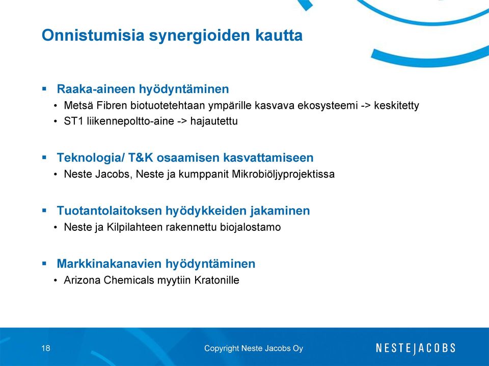 Neste Jacobs, Neste ja kumppanit Mikrobiöljyprojektissa Tuotantolaitoksen hyödykkeiden jakaminen Neste ja