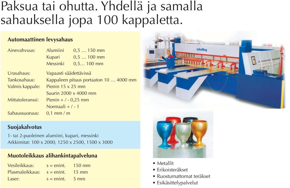 Vapaasti säädettävissä Kappaleen pituus portaaton 10 4000 mm Pienin 15 x 25 mm Suurin 2000 x 4000 mm Pienin + / - 0,25 mm Normaali + / - 1 0,1 mm / m Suojakalvotus 1- tai