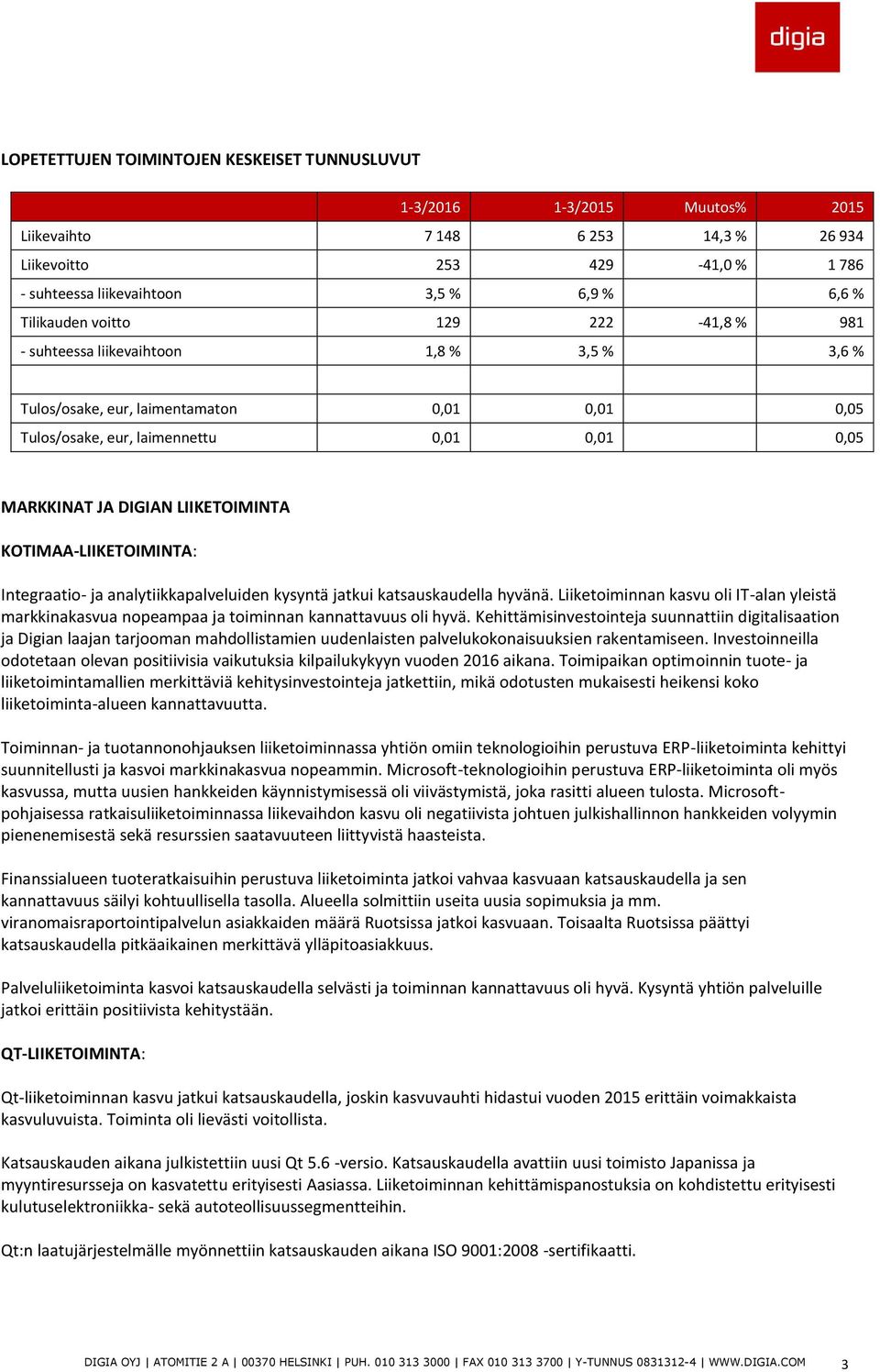 LIIKETOIMINTA KOTIMAA-LIIKETOIMINTA: Integraatio- ja analytiikkapalveluiden kysyntä jatkui katsauskaudella hyvänä.