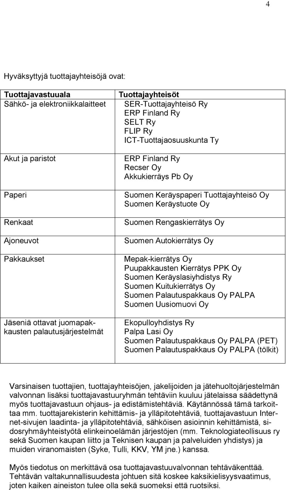 Oy Suomen Rengaskierrätys Oy Suomen Autokierrätys Oy Mepak-kierrätys Oy Puupakkausten Kierrätys PPK Oy Suomen Keräyslasiyhdistys Ry Suomen Kuitukierrätys Oy Suomen Palautuspakkaus Oy PALPA Suomen