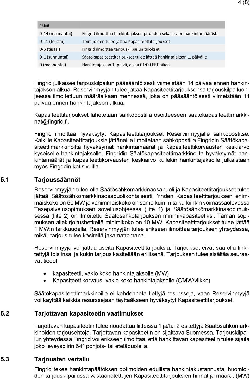 päivä, alkaa 01:00 EET aikaa Fingrid julkaisee tarjouskilpailun pääsääntöisesti viimeistään 14 päivää ennen hankintajakson alkua.