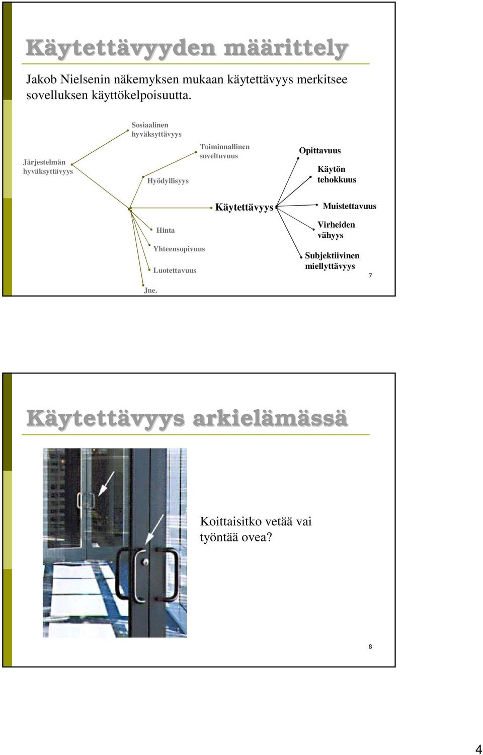 Sosiaalinen hyväksyttävyys Järjestelmän hyväksyttävyys Hyödyllisyys Toiminnallinen soveltuvuus Opittavuus