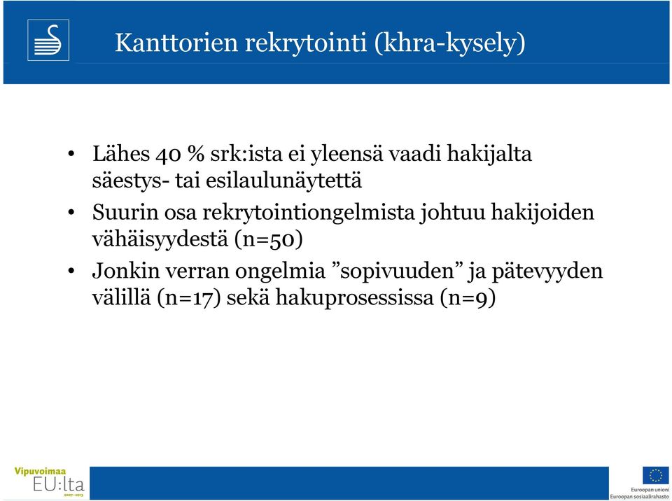 rekrytointiongelmista johtuu hakijoiden vähäisyydestä (n=50) Jonkin