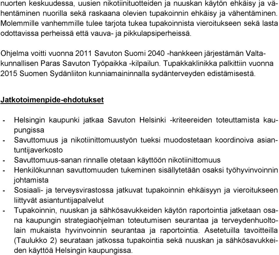 Ohjelma voitti vuonna 2011 Savuton Suomi 2040 -hankkeen järjestämän Valtakunnallisen Paras Savuton Työpaikka -kilpailun.