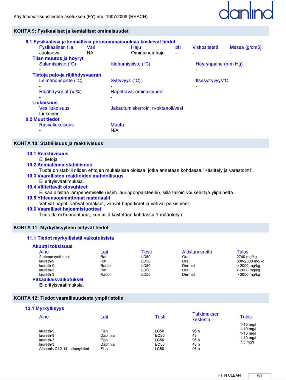 Kiehumispiste ( C) Höyrynpaine (mm Hg) Tietoja paloja räjähdysvaaran Leimahduspiste ( C) Syttyvyys ( C) Itsesyttyvyys C Räjähdysrajat (V %) Hapettavat ominaisuudet Liukoisuus Vesiliukoisuus