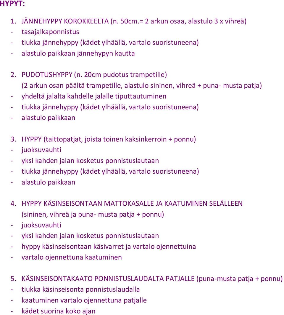 HYPPY (taittopatjat, joista toinen kaksinkerroin + ponnu) - juoksuvauhti - yksi kahden jalan kosketus ponnistuslautaan 4.