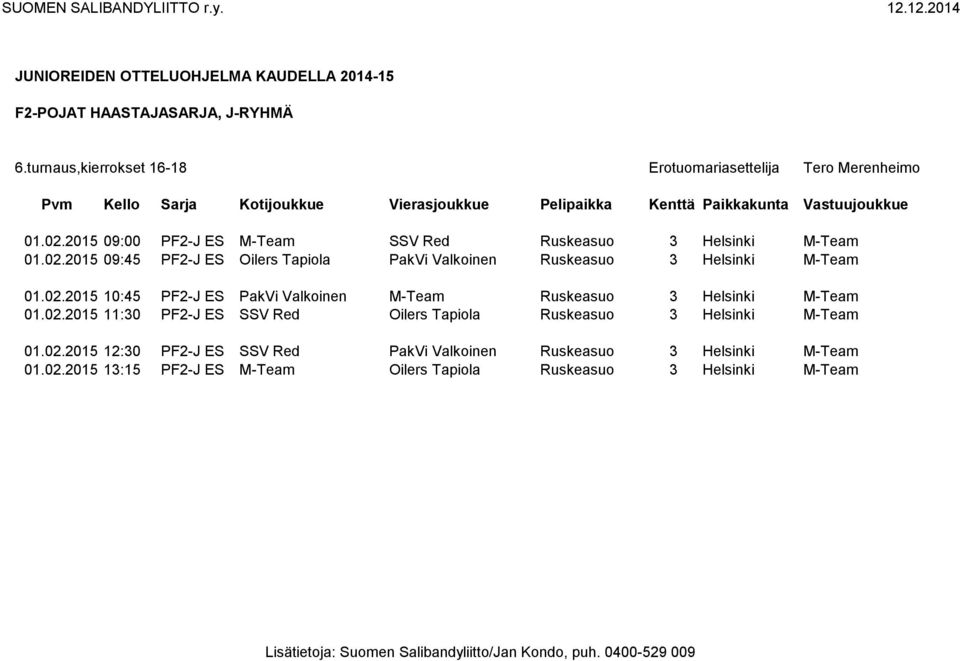 02.2015 12:30 PF2-J ES SSV Red PakVi Valkoinen Ruskeasuo 3 Helsinki M-Team 01.02.2015 13:15 PF2-J ES M-Team Oilers Tapiola Ruskeasuo 3 Helsinki M-Team