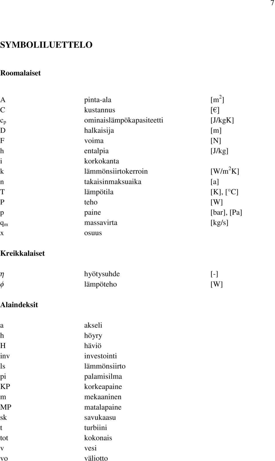 [Pa] q m massavirta [kg/s] x osuus Kreikkalaiset η hyötysuhde [-] ϕ lämpöteho [W] Alaindeksit a h H inv ls pi KP m MP sk t tot v vo