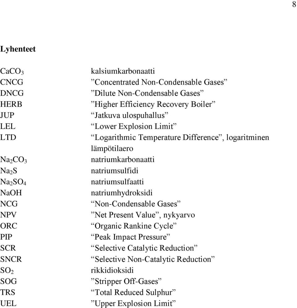 Difference, logaritminen lämpötilaero natriumkarbonaatti natriumsulfidi natriumsulfaatti natriumhydroksidi Non-Condensable Gases Net Present Value, nykyarvo