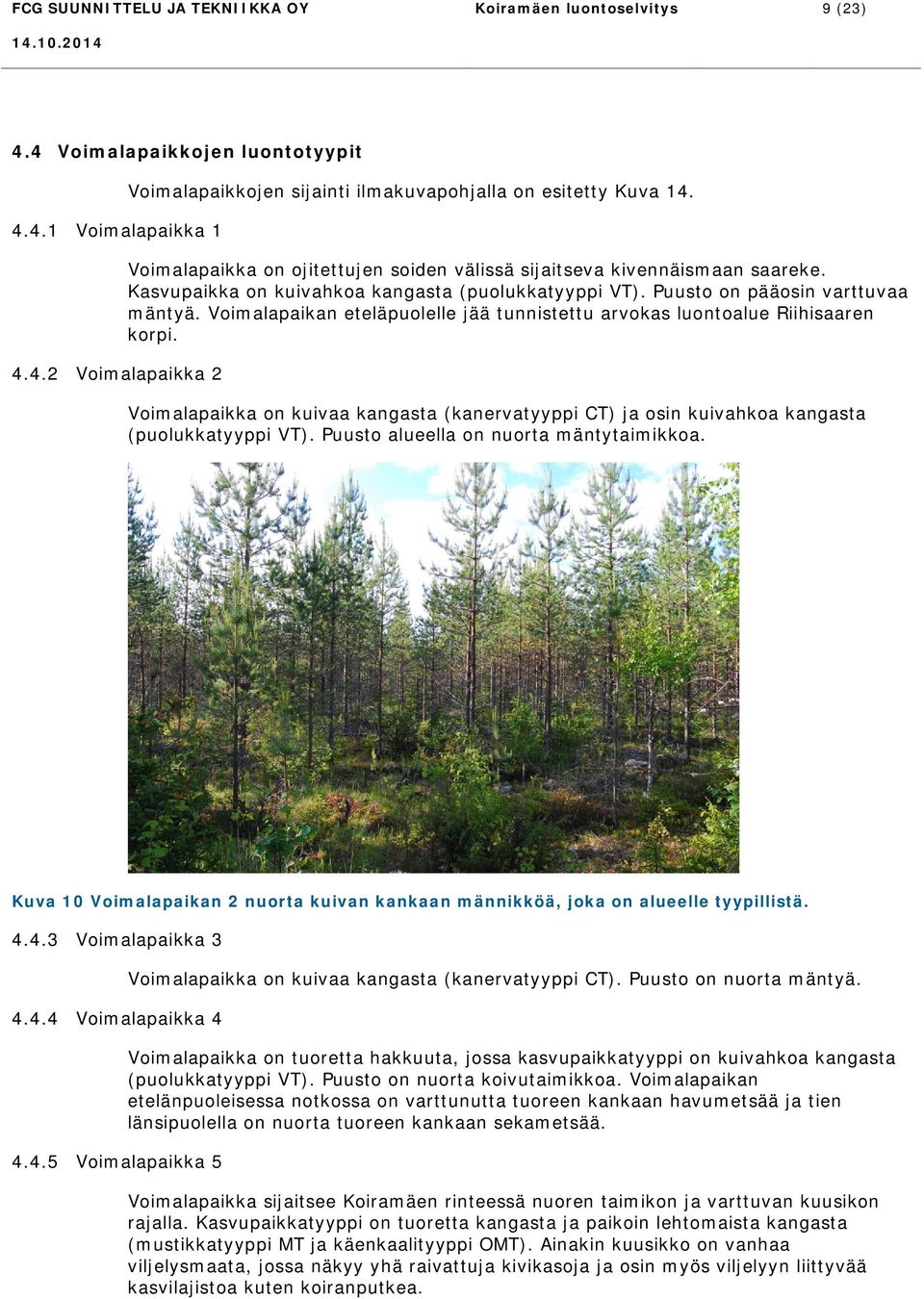 Voimalapaikan eteläpuolelle jää tunnistettu arvokas luontoalue Riihisaaren korpi. Voimalapaikka on kuivaa kangasta (kanervatyyppi CT) ja osin kuivahkoa kangasta (puolukkatyyppi VT).