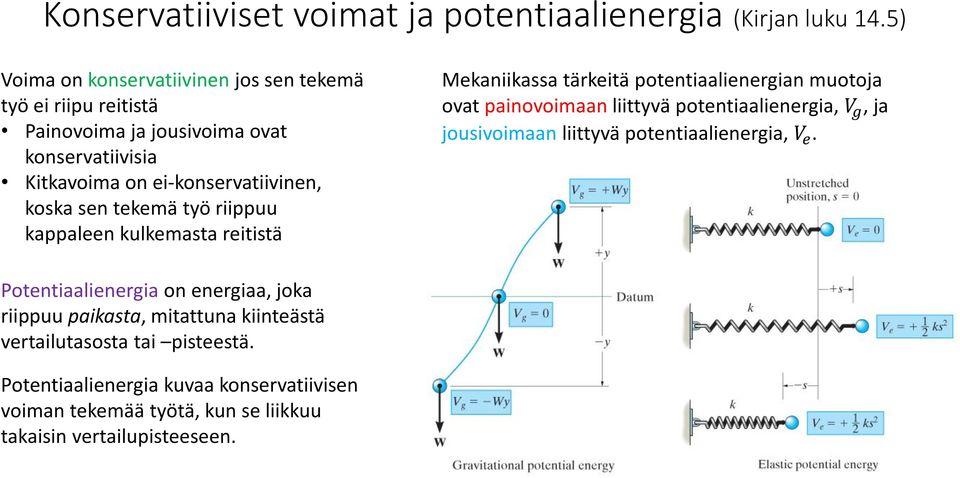 tekemä työ riippuu kappaleen kulkemasta reitistä Mekaniikassa tärkeitä potentiaalienergian muotoja ovat painovoimaan liittyvä potentiaalienergia, V g, ja