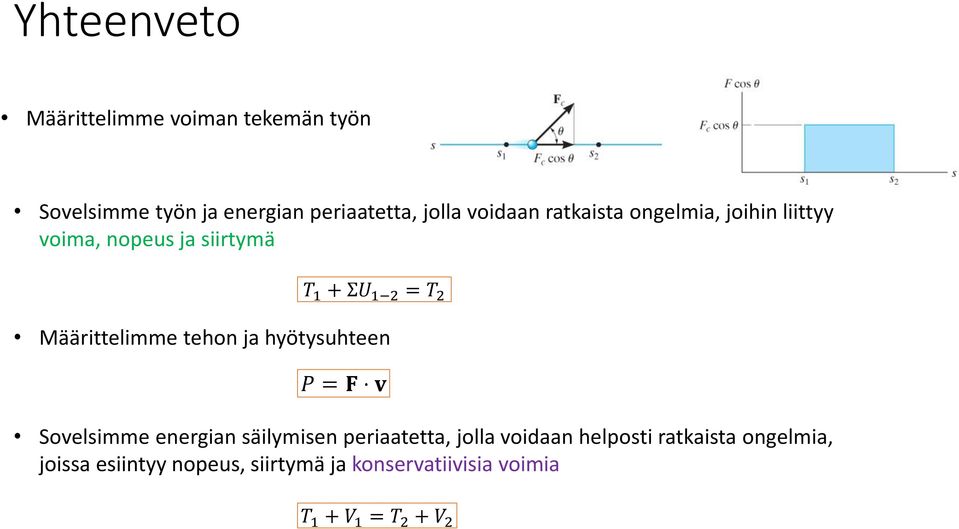 Määrittelimme tehon ja hyötysuhteen P = F v Sovelsimme energian säilymisen periaatetta, jolla
