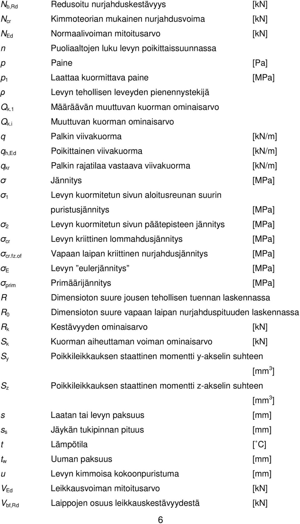 i Määräävän muuttuvan kuorman ominaisarvo Muuttuvan kuorman ominaisarvo q Palkin viivakuorma [kn/m] q h,ed Poikittainen viivakuorma [kn/m] q kr Palkin rajatilaa vastaava viivakuorma [kn/m] σ Jännitys