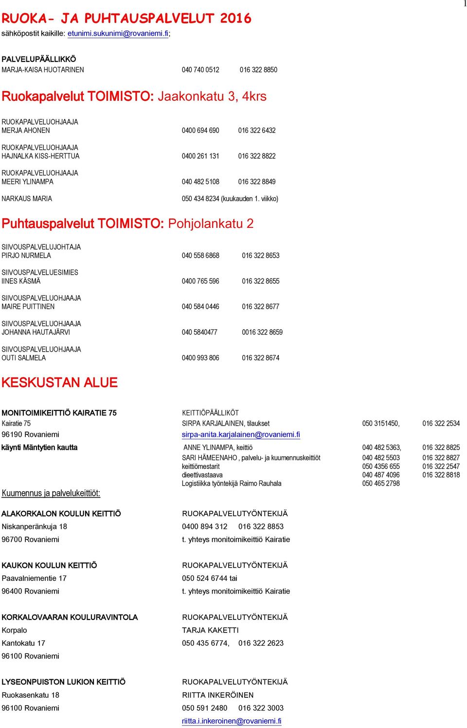 HAJNALKA KISS-HERTTUA 0400 261 131 016 322 8822 RUOKAPALVELUOHJAAJA MEERI YLINAMPA 040 482 5108 016 322 8849 NARKAUS MARIA 050 434 8234 (kuukauden 1.