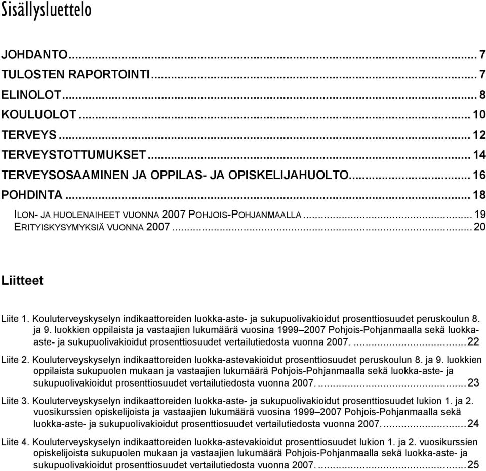 Kouluterveyskyselyn indikaattoreiden luokka-aste- ja sukupuolivakioidut prosenttiosuudet peruskoulun 8. ja 9.