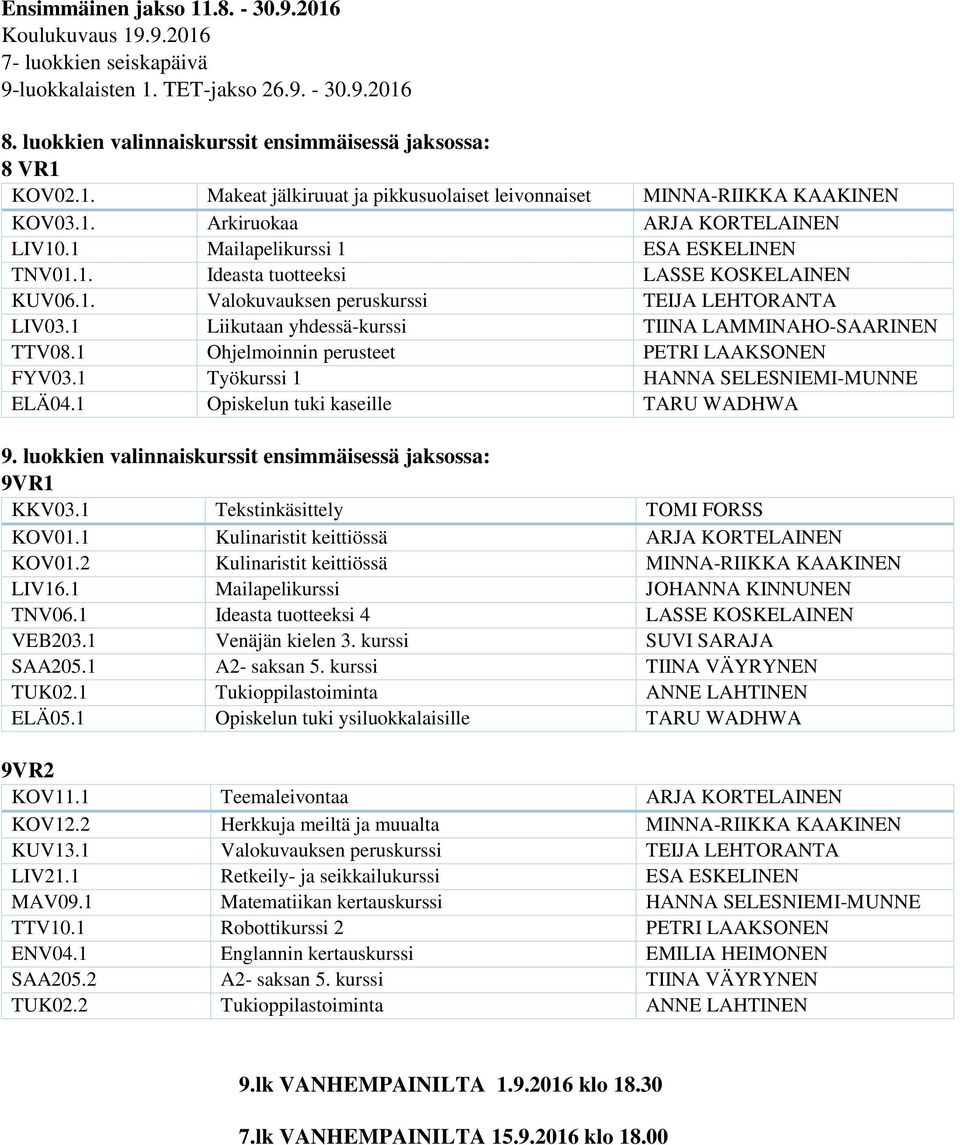 1 Liikutaan yhdessä-kurssi TIINA LAMMINAHO-SAARINEN TTV08.1 Ohjelmoinnin perusteet PETRI LAAKSONEN FYV03.1 Työkurssi 1 HANNA SELESNIEMI-MUNNE ELÄ04.1 Opiskelun tuki kaseille TARU WADHWA 9.