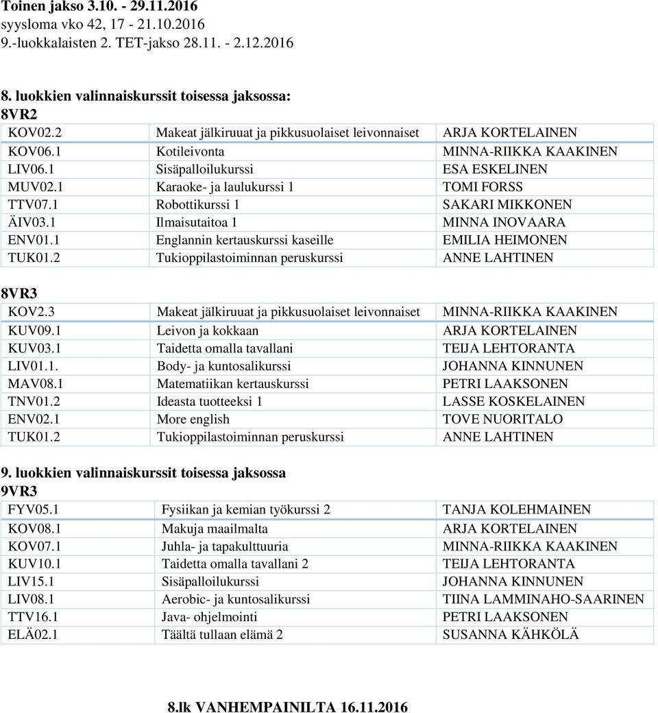 1 Karaoke- ja laulukurssi 1 TOMI FORSS TTV07.1 Robottikurssi 1 SAKARI MIKKONEN ÄIV03.1 Ilmaisutaitoa 1 MINNA INOVAARA ENV01.1 Englannin kertauskurssi kaseille EMILIA HEIMONEN TUK01.