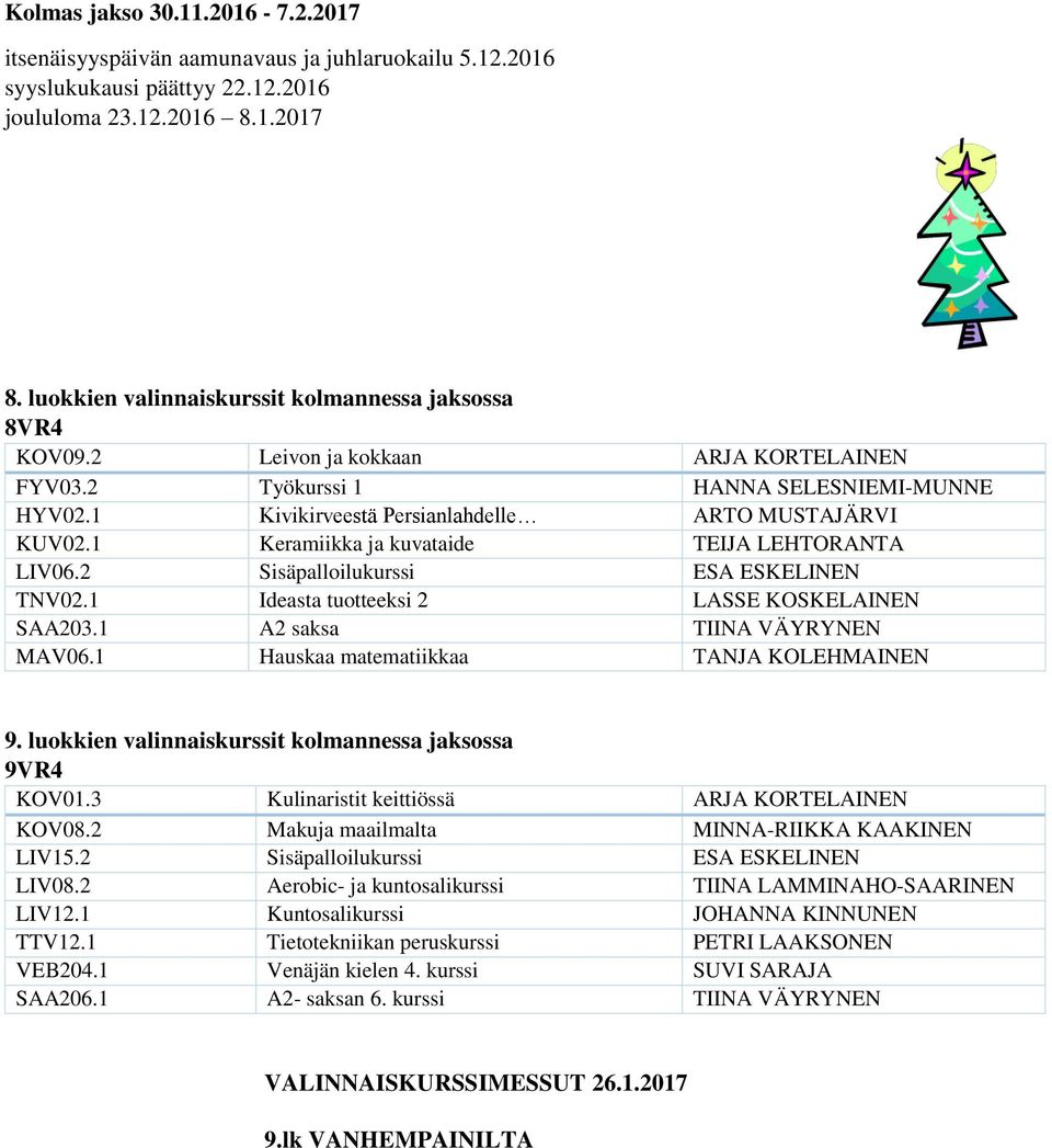 1 Keramiikka ja kuvataide TEIJA LEHTORANTA LIV06.2 Sisäpalloilukurssi ESA ESKELINEN TNV02.1 Ideasta tuotteeksi 2 LASSE KOSKELAINEN SAA203.1 A2 saksa TIINA VÄYRYNEN MAV06.