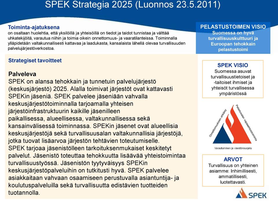 2011) Toiminta-ajatuksena on osaltaan huolehtia, että yksilöillä ja yhteisöillä on tiedot ja taidot tunnistaa ja välttää uhkatekijöitä, varautua niihin ja toimia oikein onnettomuus- ja