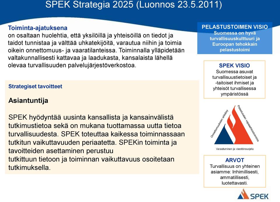 2011) Toiminta-ajatuksena on osaltaan huolehtia, että yksilöillä ja yhteisöillä on tiedot ja taidot tunnistaa ja välttää uhkatekijöitä, varautua niihin ja toimia oikein onnettomuus- ja