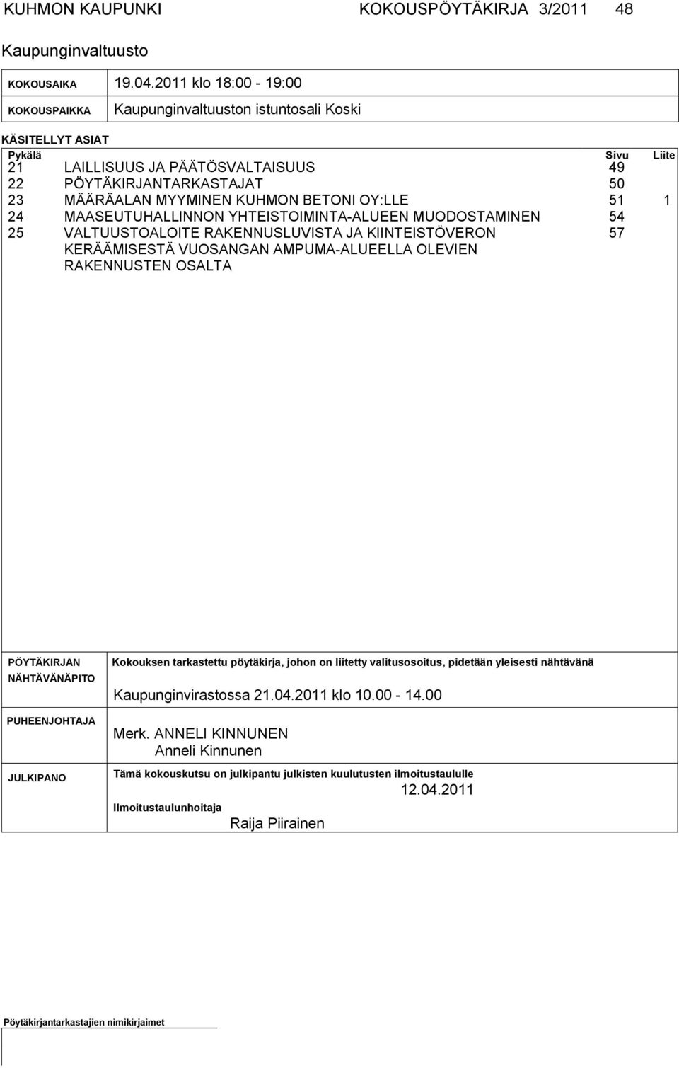 KUHMON BETONI OY:LLE 51 1 24 MAASEUTUHALLINNON YHTEISTOIMINTA-ALUEEN MUODOSTAMINEN 54 25 VALTUUSTOALOITE RAKENNUSLUVISTA JA KIINTEISTÖVERON KERÄÄMISESTÄ VUOSANGAN AMPUMA-ALUEELLA OLEVIEN RAKENNUSTEN