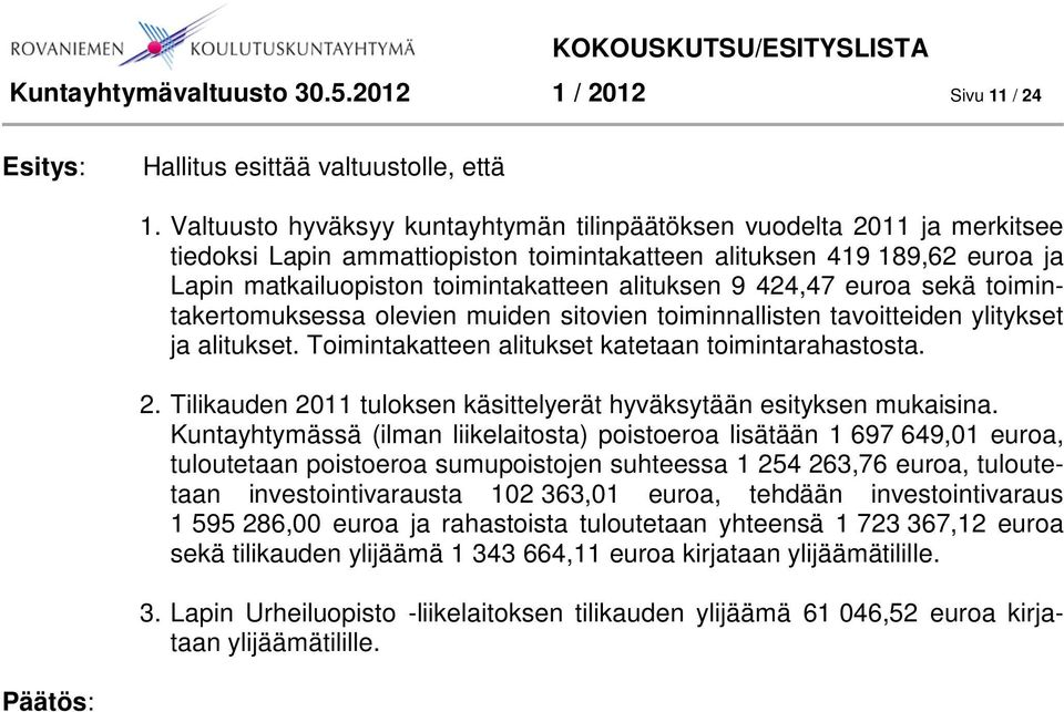 424,47 euroa sekä toimintakertomuksessa olevien muiden sitovien toiminnallisten tavoitteiden ylitykset ja alitukset. Toimintakatteen alitukset katetaan toimintarahastosta. 2.