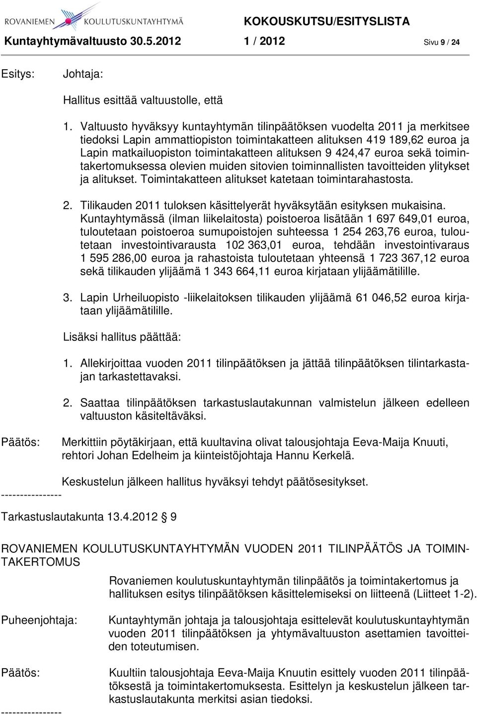 424,47 euroa sekä toimintakertomuksessa olevien muiden sitovien toiminnallisten tavoitteiden ylitykset ja alitukset. Toimintakatteen alitukset katetaan toimintarahastosta. 2.