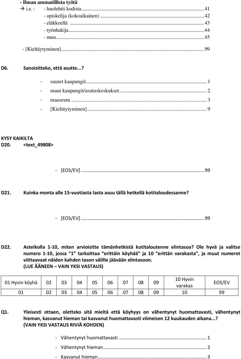 Kuinka monta alle 15 vuotiasta lasta asuu tällä hetkellä kotitaloudessanne? [EOS/EV]... 99 D22. Asteikolla 1 10, miten arvioisitte tämänhetkistä kotitaloutenne elintasoa?