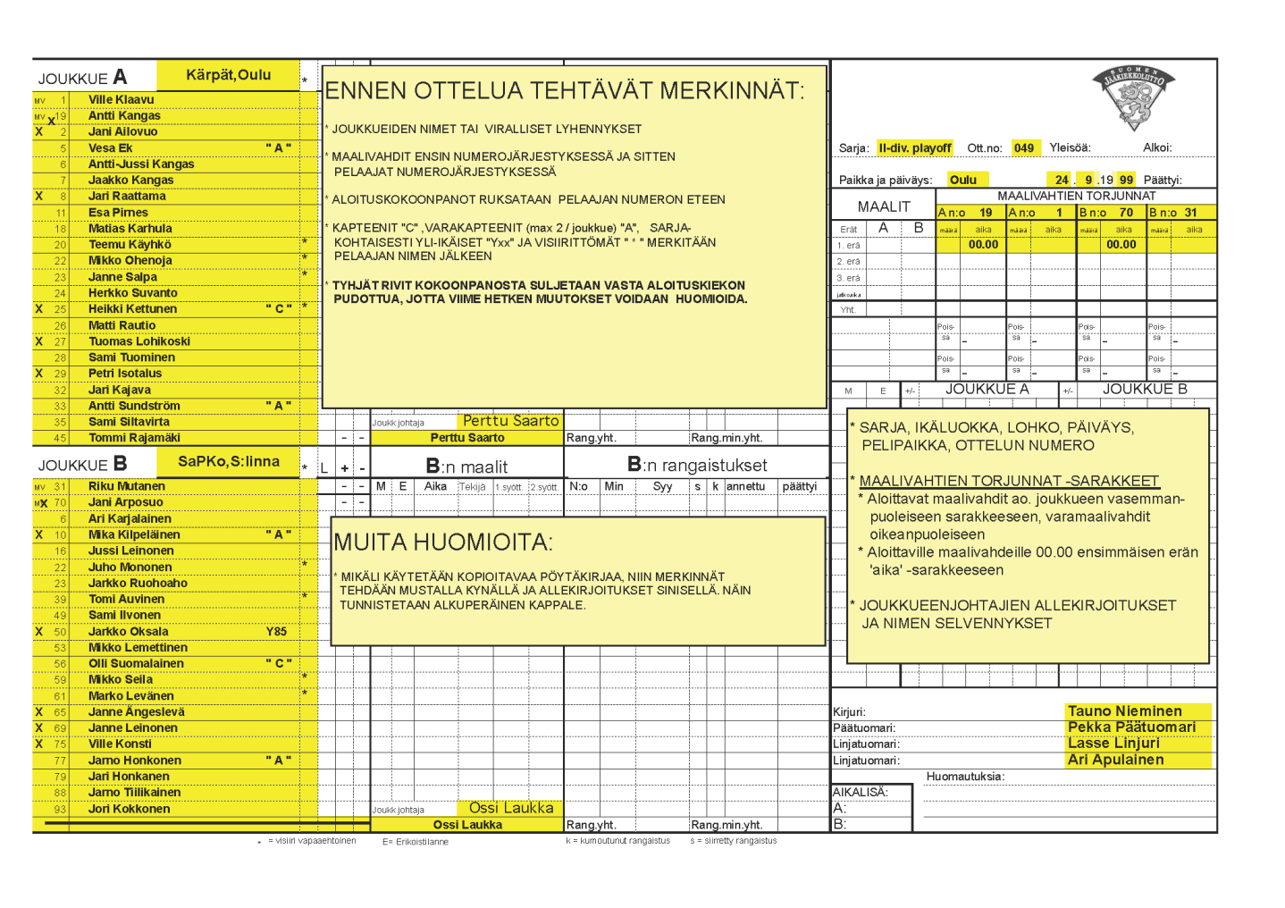 OTTELUPÖYTÄKIRJA (1/4) ENNEN OTTELUA