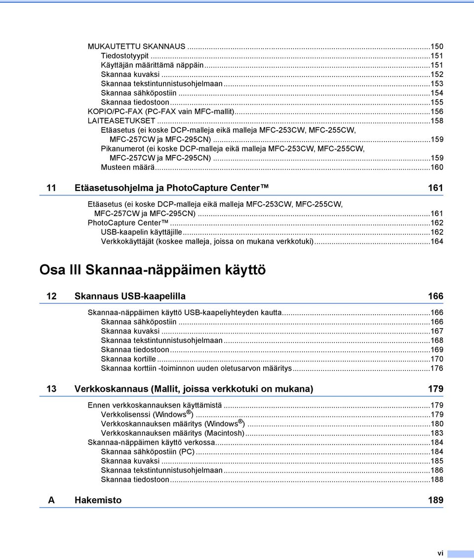 ..159 Pikanumerot (ei koske DCP-malleja eikä malleja MFC-253CW, MFC-255CW, MFC-257CW ja MFC-295CN)...159 Musteen määrä.