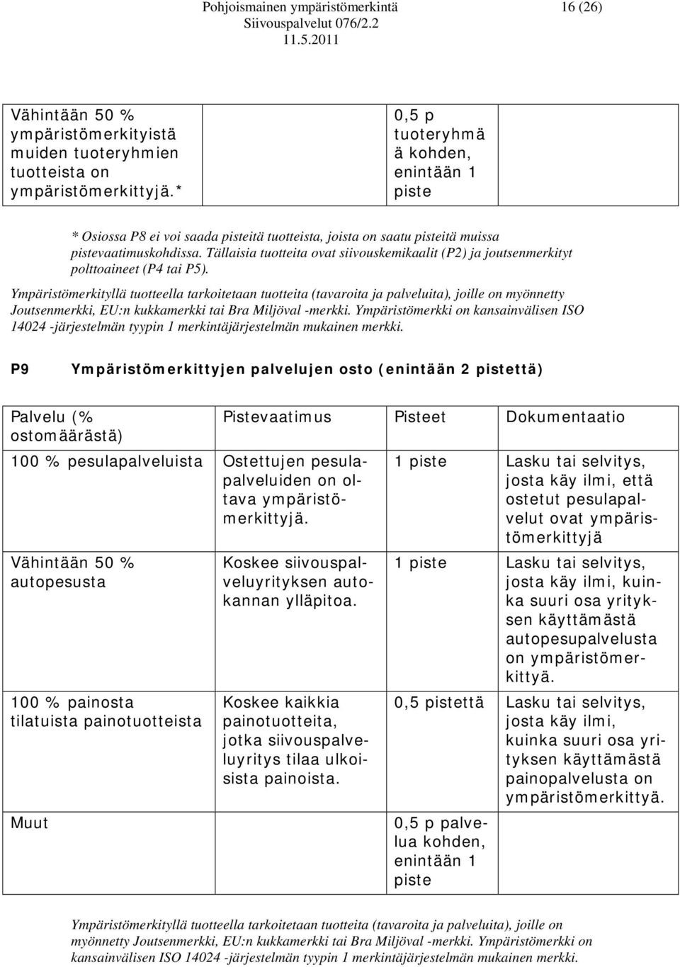 Tällaisia tuotteita ovat siivouskemikaalit (P2) ja joutsenmerkityt polttoaineet (P4 tai P5).