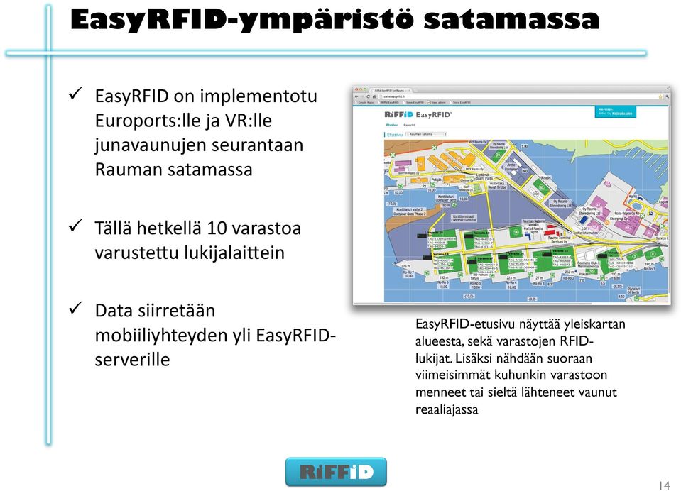ein Data siirretään mobiiliyhteyden yli EasyRFID- serverille EasyRFID-etusivu näyttää yleiskartan