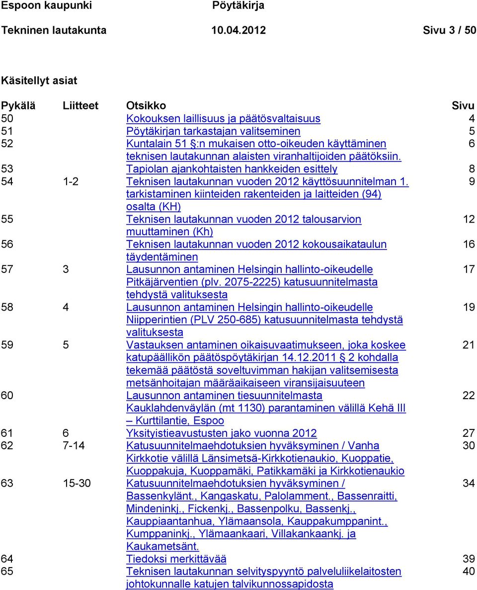 käyttäminen 6 teknisen lautakunnan alaisten viranhaltijoiden päätöksiin. 53 Tapiolan ajankohtaisten hankkeiden esittely 8 54 1-2 Teknisen lautakunnan vuoden 2012 käyttösuunnitelman 1.