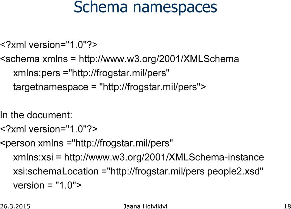 mil/pers"> In the document: <?xml version="1.0"?> <person xmlns ="http://frogstar.