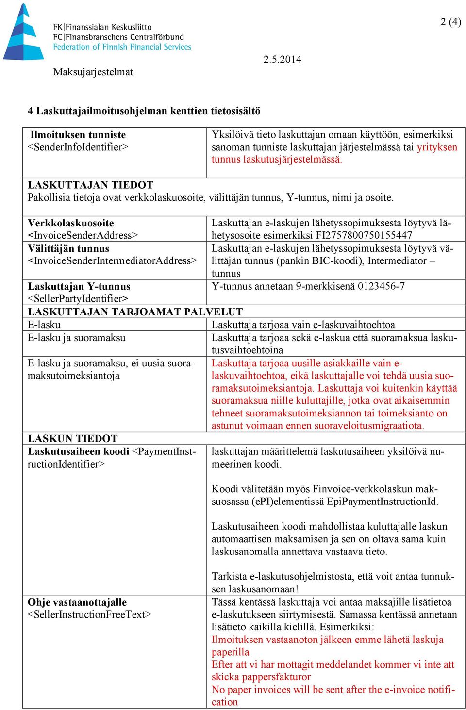 Verkkolaskuosoite Laskuttajan e-laskujen lähetyssopimuksesta löytyvä lähetysosoite esimerkiksi FI2757800750155447 <InvoiceSenderAddress> Välittäjän tunnus Laskuttajan e-laskujen lähetyssopimuksesta