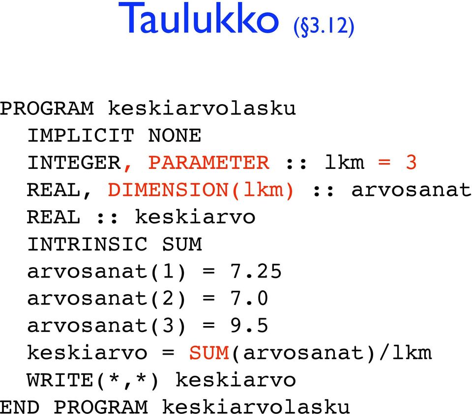 DIMENSION(lkm) :: arvosanat REAL :: keskiarvo INTRINSIC SUM