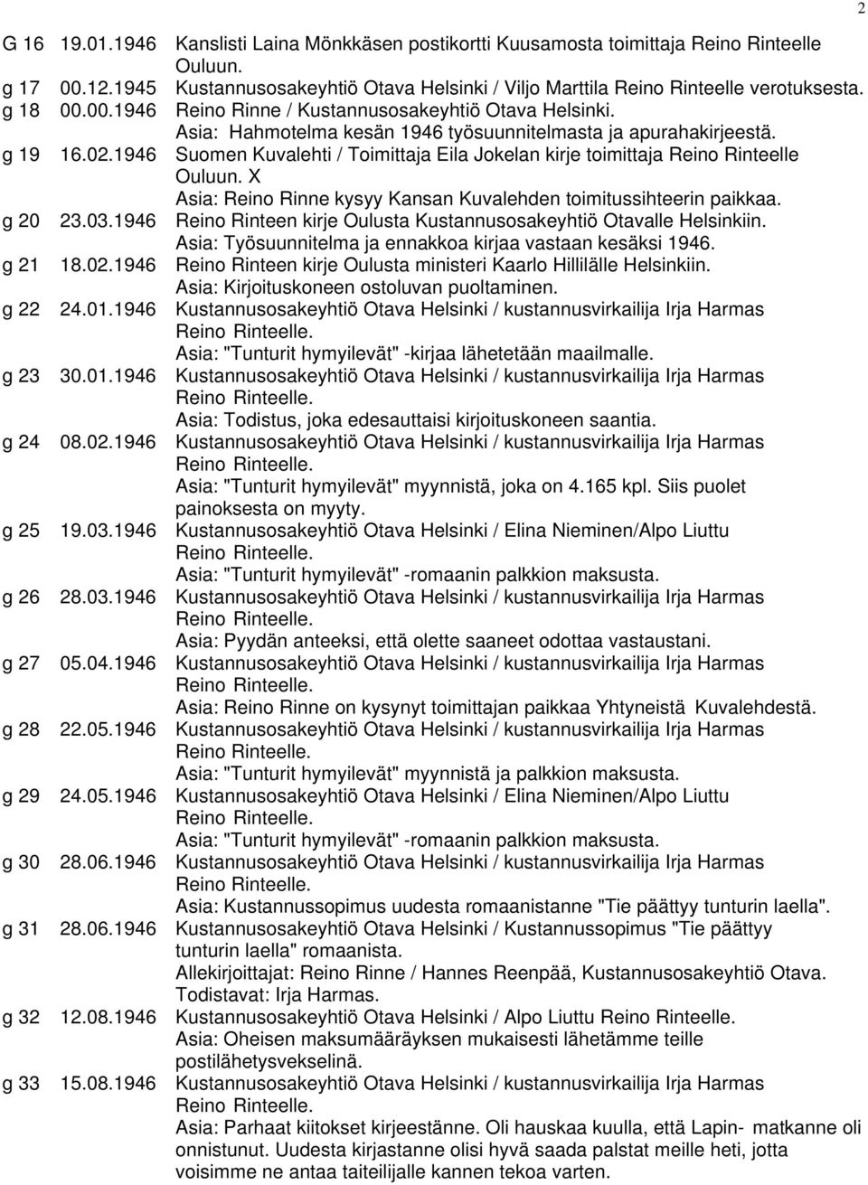 1946 Suomen Kuvalehti / Toimittaja Eila Jokelan kirje toimittaja Reino Rinteelle Ouluun. X Asia: Reino Rinne kysyy Kansan Kuvalehden toimitussihteerin paikkaa. g 20 23.03.