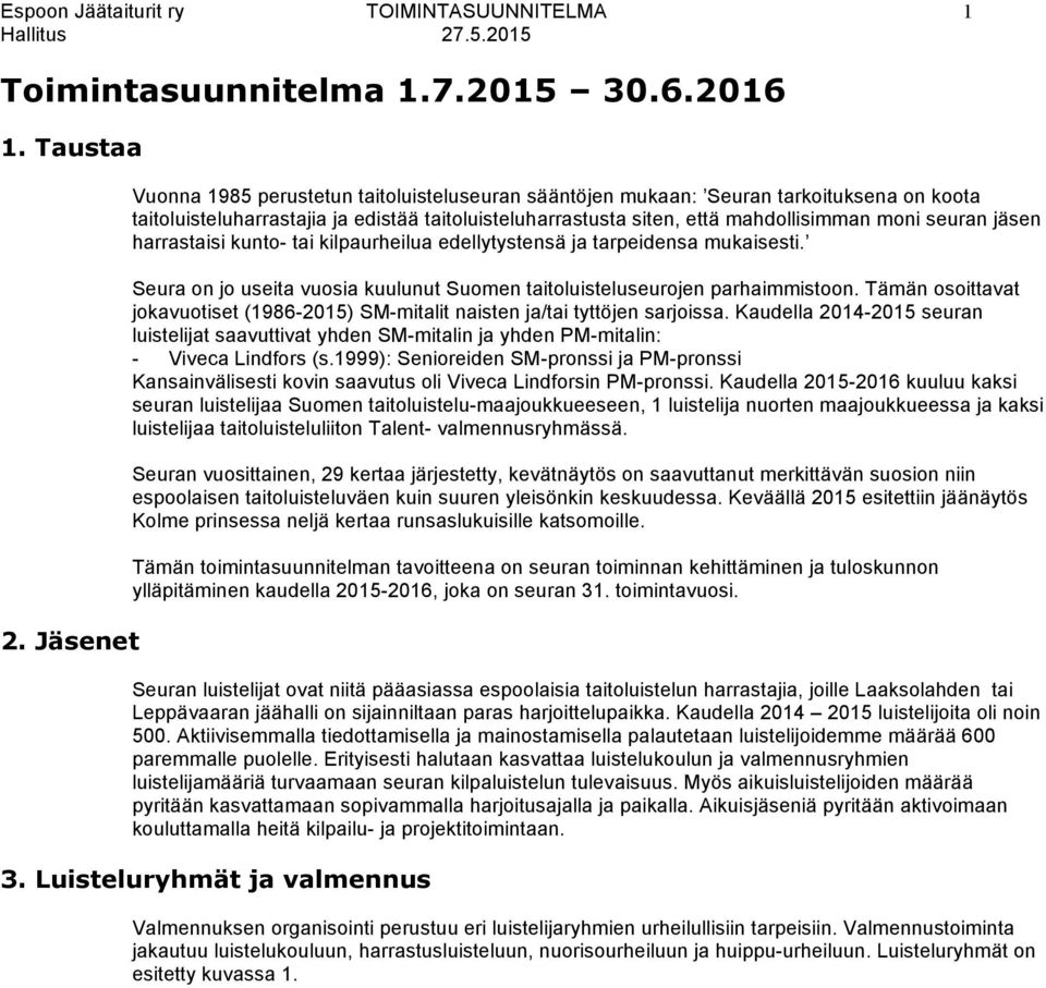 jäsen harrastaisi kunto- tai kilpaurheilua edellytystensä ja tarpeidensa mukaisesti. Seura on jo useita vuosia kuulunut Suomen taitoluisteluseurojen parhaimmistoon.