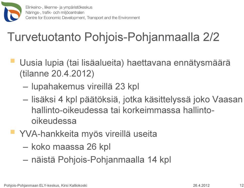 2012) lupahakemus vireillä 23 kpl lisäksi 4 kpl päätöksiä, jotka käsittelyssä joko