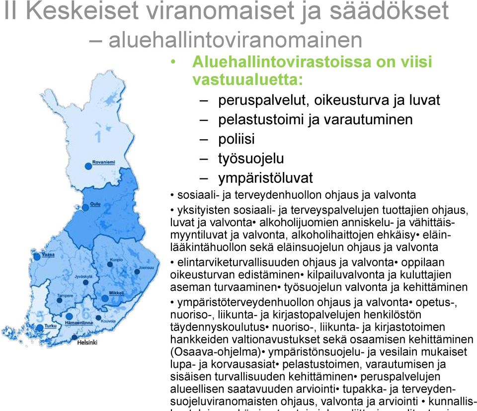 valvonta, alkoholihaittojen ehkäisy eläinlääkintähuollon sekä eläinsuojelun ohjaus ja valvonta elintarviketurvallisuuden ohjaus ja valvonta oppilaan oikeusturvan edistäminen kilpailuvalvonta ja