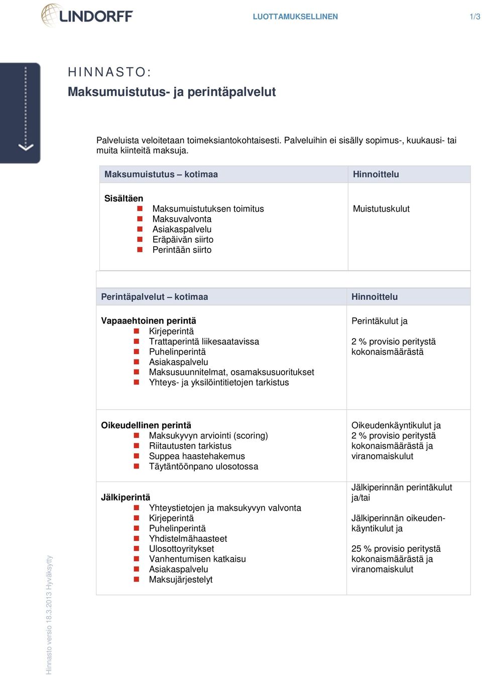 Kirjeperintä Trattaperintä liikesaatavissa Puhelinperintä Asiakaspalvelu Maksusuunnitelmat, osamaksusuoritukset Yhteys- ja yksilöintitietojen tarkistus Hinnoittelu Perintäkulut ja 2 % provisio