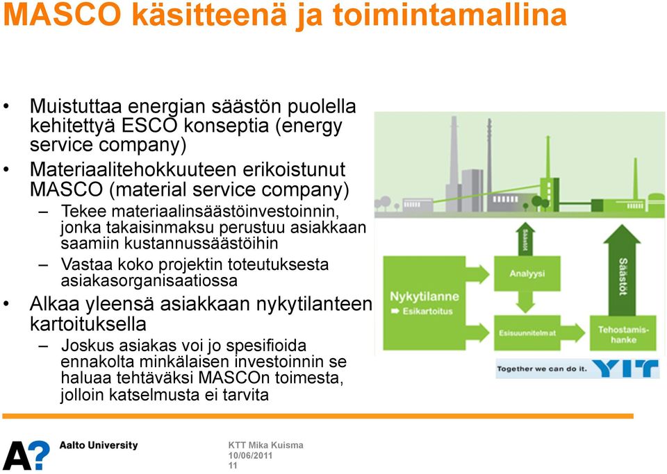 asiakkaan saamiin kustannussäästöihin Vastaa koko projektin toteutuksesta asiakasorganisaatiossa Alkaa yleensä asiakkaan nykytilanteen