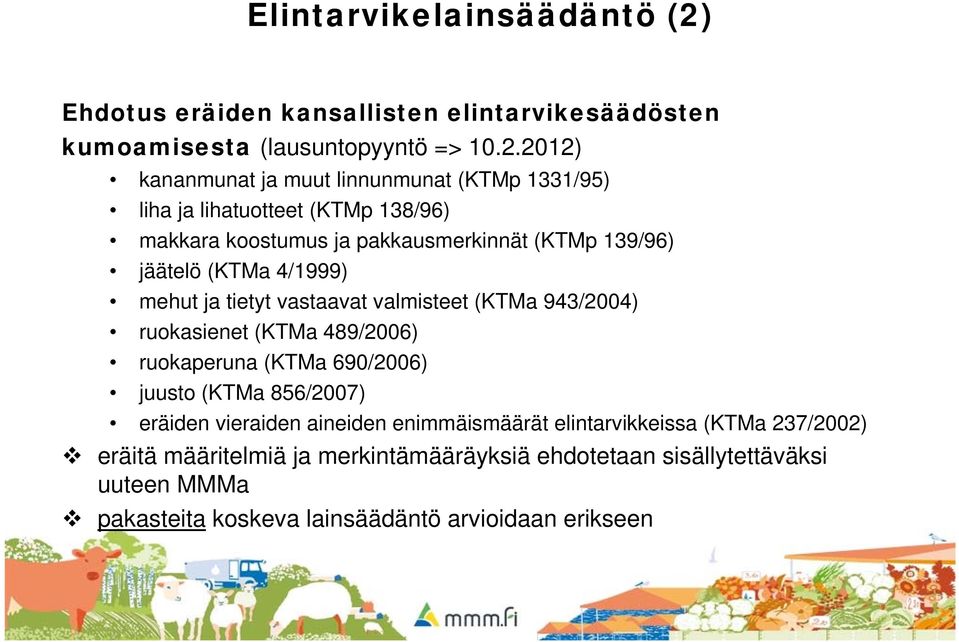 2012) kananmunat ja muut linnunmunat (KTMp 1331/95) liha ja lihatuotteet (KTMp 138/96) makkara koostumus ja pakkausmerkinnät (KTMp 139/96) jäätelö (KTMa