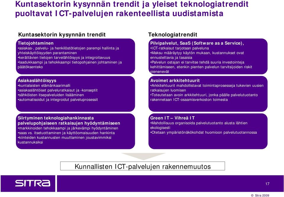 Asiakaslähtöisyys kuntalaisten elämänkaarimalli asiakaslähtöiset palveluratkaisut ja -konseptit sähköisten itsepalveluiden lisääminen automatisoidut ja integroidut palveluprosessit Teknologiatrendit