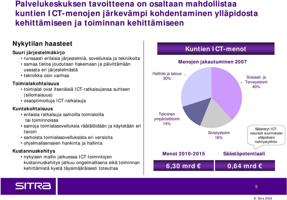 itsenäisiä ICT-ratkaisujensa suhteen (siilomaisuus) osaoptimoituja ICT-ratkaisuja Kuntakohtaisuus erilaisia ratkaisuja samoilla toimialoilla tai toiminnoissa samoja toimialasovelluksia räätälöidään